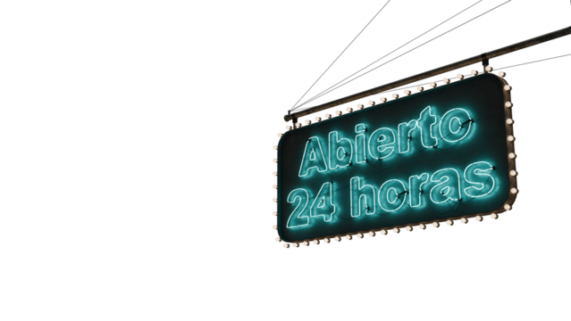 Cartel abierto 24 horas neón celeste alfa.