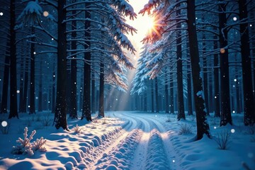 Snow-covered forest with starlight filtering through the trees, filter, snow, mystical