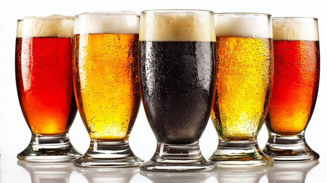 Cinq verres de bi&egrave;res brunes, rousses et blondes avec de la mousse