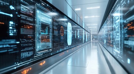 A long futuristic hallway featuring information displays and data visuals