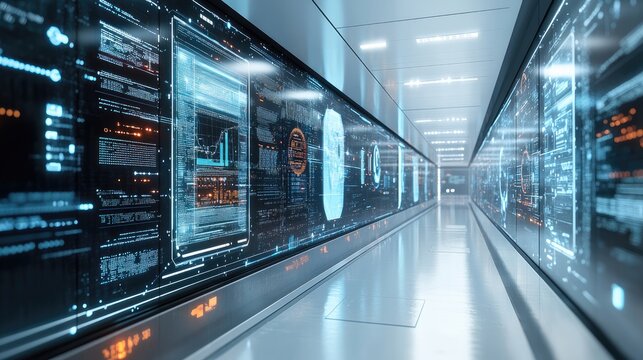 A long futuristic hallway featuring information displays and data visuals - Powered by Adobe