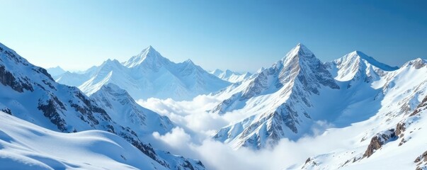 Fototapeta premium Snow-covered mountain peaks with delicate snowflakes, serene, landscape