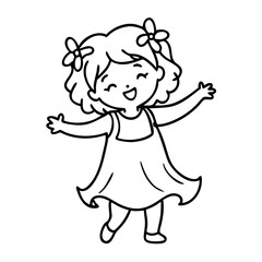 Obraz premium Happy Cartoon Child Dancing Joyful Little Girl Line Art Illustration for Coloring