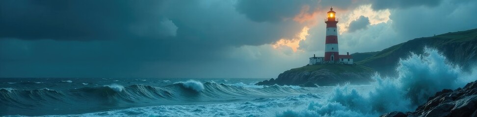 Obraz premium Stormy weather at the base of a towering lighthouse, wind, sea