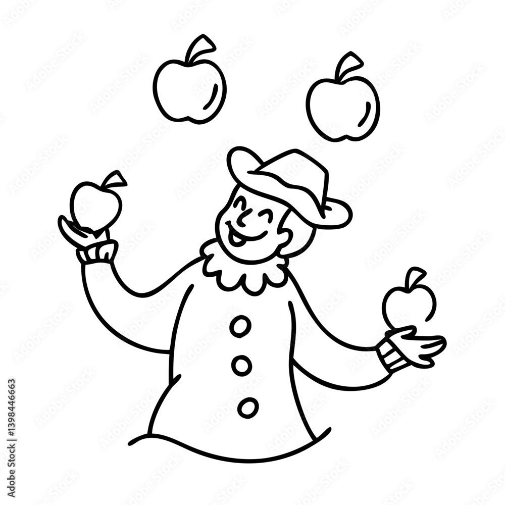 Poster juggling clown with apples vector line art for coloring and craft projects