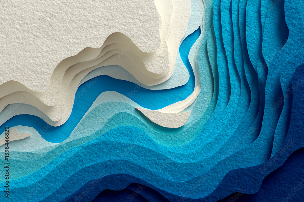 Poster abstract textured image of layered blue and white shades, creating a wavy, topographic effect, symbo