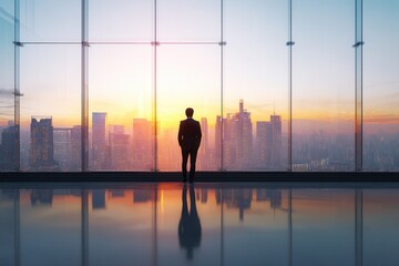 Fototapeta premium Silhouette of a man gazing out at a cityscape through expansive glass windows during a vibrant sunset.