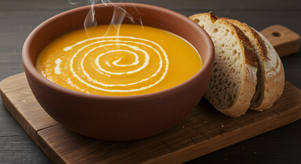 Creamy Carrot and Ginger Soup Garnished with Sourdough Bread Still Life