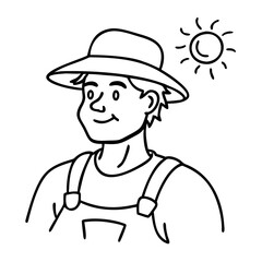 Farmer Wearing Sun Hat Line Art Illustration for Children's Coloring Books