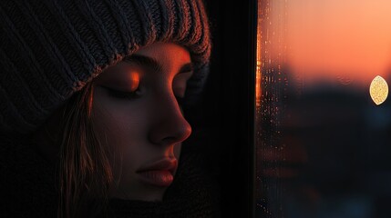 A young woman looking out a window during a sunset