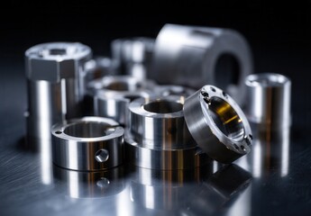 Precision metal components with reflective surfaces arranged on a dark background.