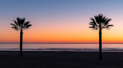 Two palm trees silhouetted on a beach during sunset