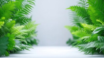 Obraz premium Lush Greenery Background, Soft Light, Natural Style, High-Resolution Image, Horizontal Wide Shot, Vibrant Green Hues, Peaceful Serenity, White Surface, Bright Fresh Mood, Botanical Website Use