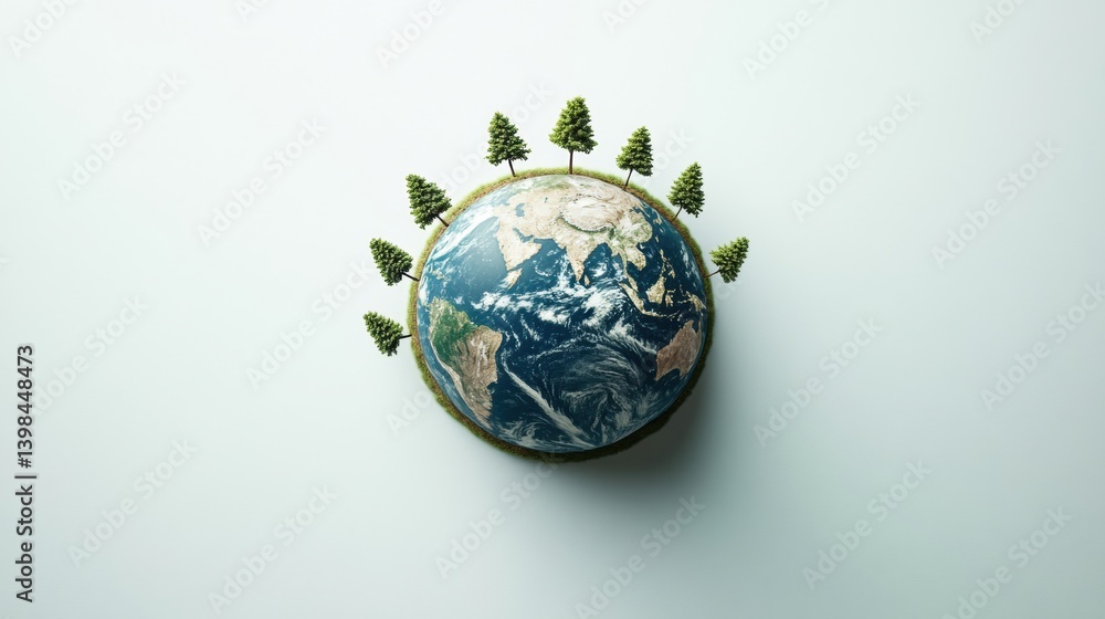 Poster minimal earth design featuring miniature trees surrounding a clean globe representation with a focus