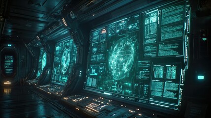 Futuristic Command Center Showing Data Displays in a Darkened Corridor