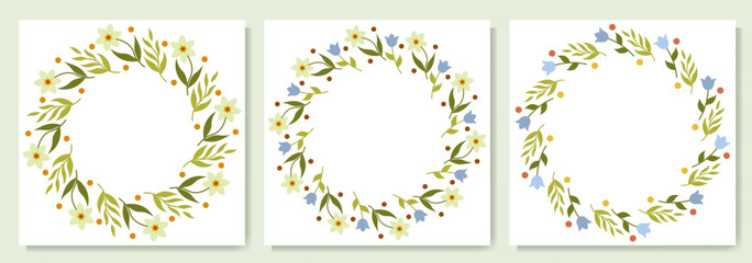Floral round frames with bellflowers and daffodils