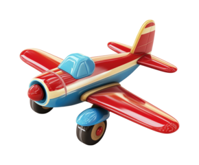 Colorful wooden toy airplane playroom decorative object isolated on transparent background, png