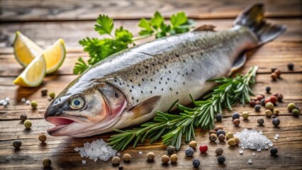 Freshwater Fish on Rustic Wooden Board with Herbs and Spices