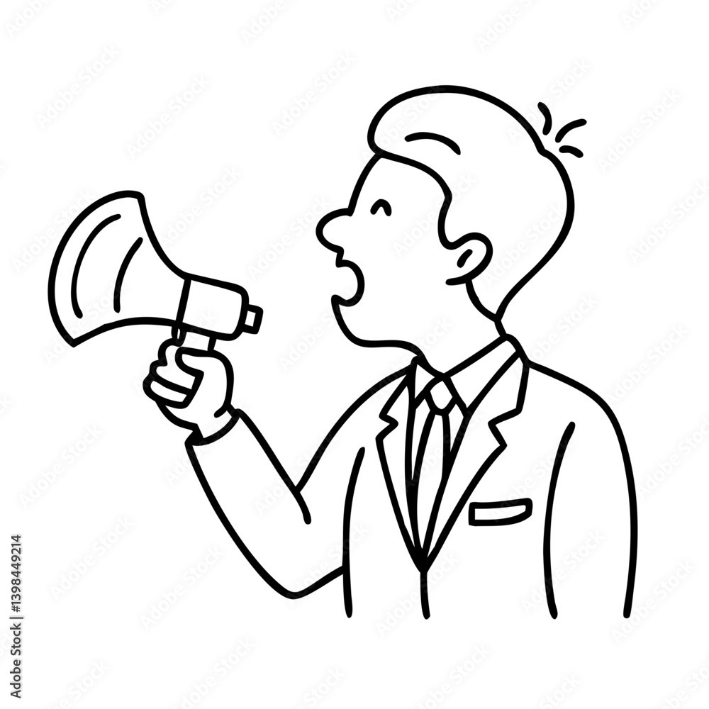 Poster businessman shouting through megaphone line art vector for communication concepts