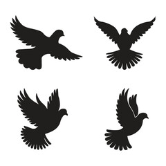 Black color dove set  peace vector silhouettes design with white background.  
