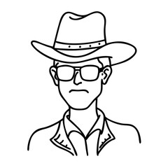 Cowboy Hat and Sunglasses Line Art Man Portrait for Tattoo or Coloring Book