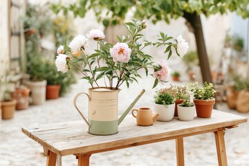 Pastel peonies in watering can with garden table and charming terrace setting with flowerpots for idyllic summer ambiance