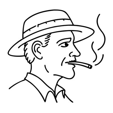 recommend clip art: Vintage Man Smoking with Hat Retro Line Art Illustration