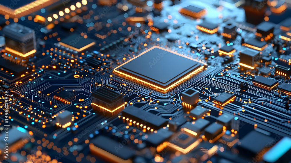 Poster high-tech circuit board with glowing microchip