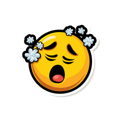 Sneezing face emoji with thin black outline on plain bright white background no shadows, allergy sticker