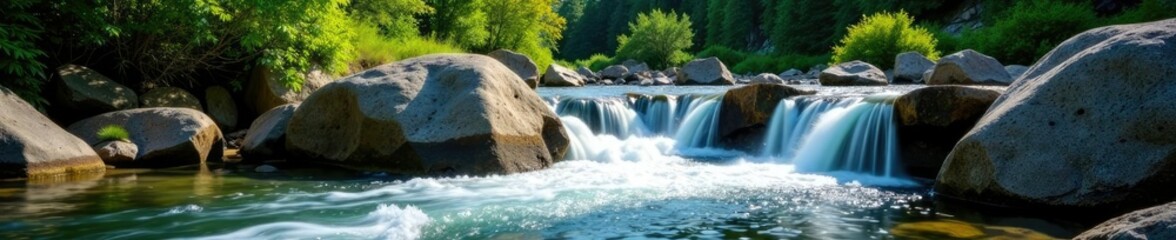 Fototapeta premium Water flows over a boulder in mountain river summer landscape, summer landscapes, fresh air