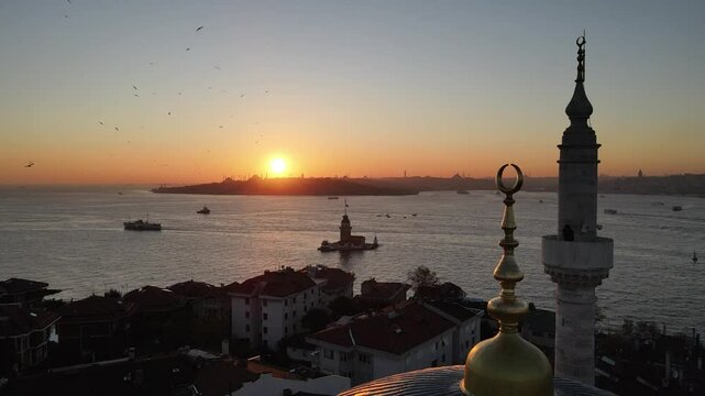  Starling Birds Group Dance in the Uskudar Valide Sultan Mosque Drone Video, Uskudar Istanbul, Turkiye (Turkey)