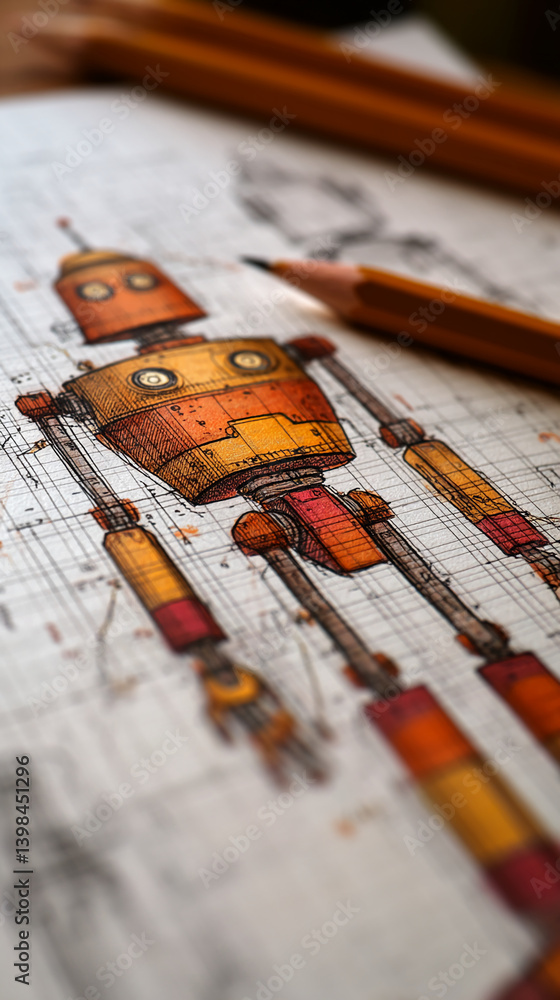 Poster close-up of robot sketch on grid paper, colored pencils nearby, showcasing design process and creati