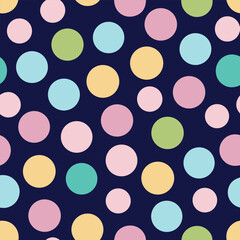 Colorful polka dots on navy background