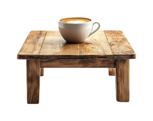Coffee cup on rustic wooden table home still life cozy isolated on transparent background, png