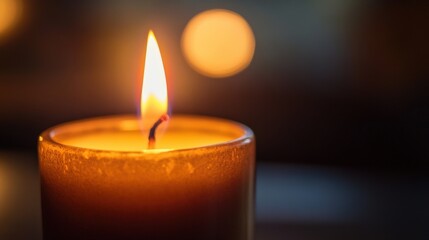 A brightly lit candle with a small flame burning brightly