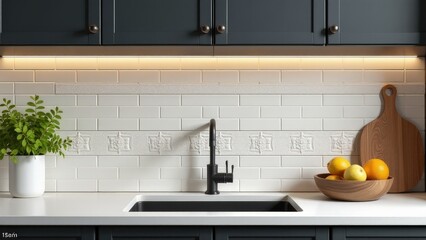 Modern kitchen interior with black cabinets and elegant tile backsplash.