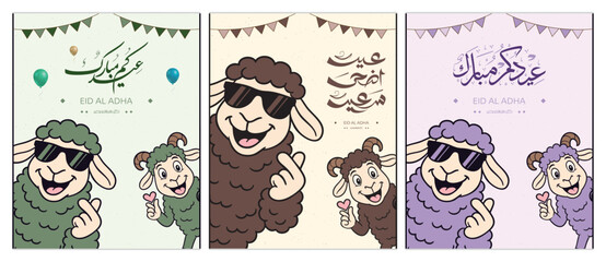 Cute cartoon sheep characters in colorful outfits showing love and heart hand gestures for Eid al Adha greeting, festive banner with Arabic calligraphy, balloons, and decorative for social media