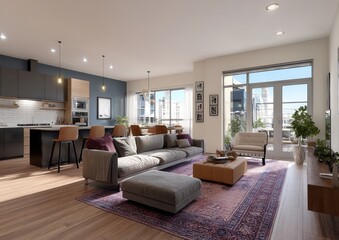 Modern open-plan living room with natural light and chic decor.