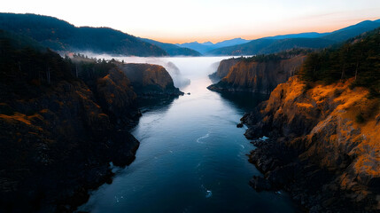 Misty River Canyon Aerial View At Sunrise