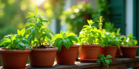 Fototapeta premium Vibrant Green Plants Flourishing in Terracotta Pots on a Sunny Patio Deck
