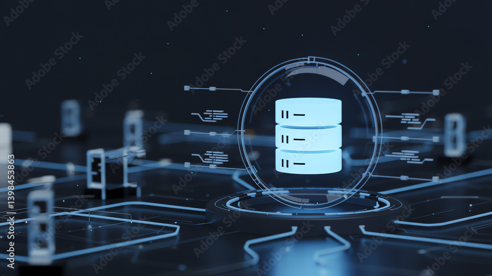 Poster futuristic digital interface showing server data exchange process