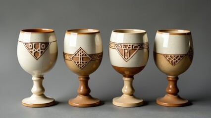 Four ceramic goblets with geometric patterns on gray background.