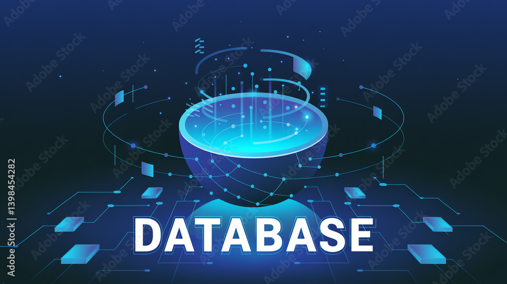 Poster glowing holographic database concept with digital grid background