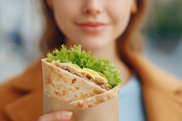 person holding shawarma background blurred showing natural enjoyment