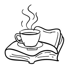 Steaming Coffee Cup on Open Book Line Art Vector Illustration for Relaxation Themes
