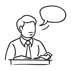 Businessman Reading at Desk with Speech Bubble Line Art Vector for Communication Concepts