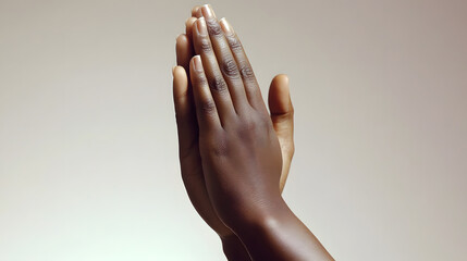 Close-up of clasped hands, dark-skinned, praying or meditating.  Simple, elegant composition against a neutral background.  Suggests faith, hope, or gratitude.