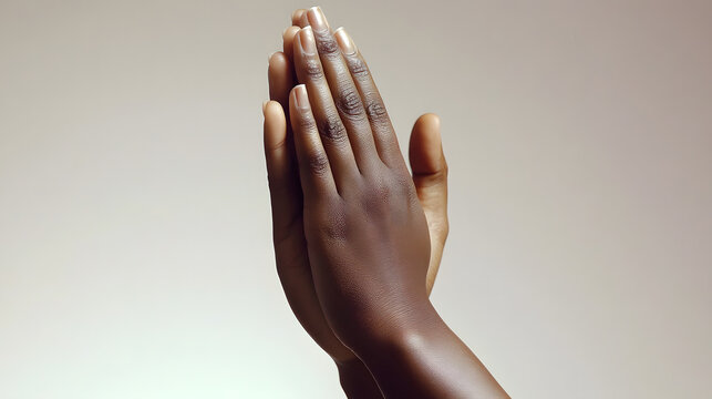 Close-up of clasped hands, dark-skinned, praying or meditating.  Simple, elegant composition against a neutral background.  Suggests faith, hope, or gratitude.