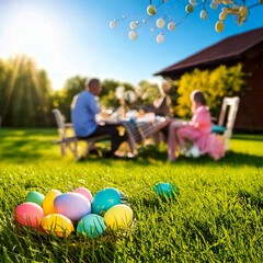 Colorful Easter eggs on a green meadow in the foreground, with a blurred family sitting at a garden table in the background on a sunny spring day.