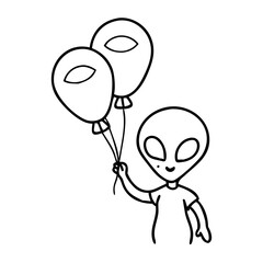 Obraz premium Alien Holding Balloons Line Art Vector for Coloring Books and Kids Designs